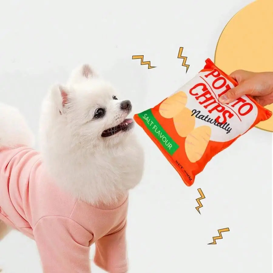 1pc Random Funny Chip Biscuit Bag Plush Dog Toy Pup's Favorite 'Snack' Fake Potato Chips Bag Toy for Dogs Pet Supplies