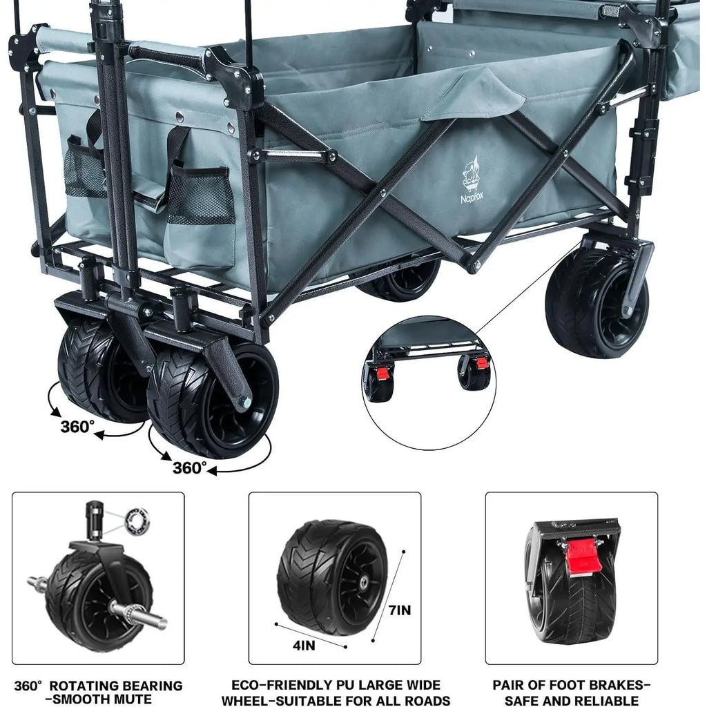 Heavy Duty Collapsible Wagon Cart Removable Canopy 4\" Wide Large All Terrain Wheels Adjustable Brake Handles for Camping