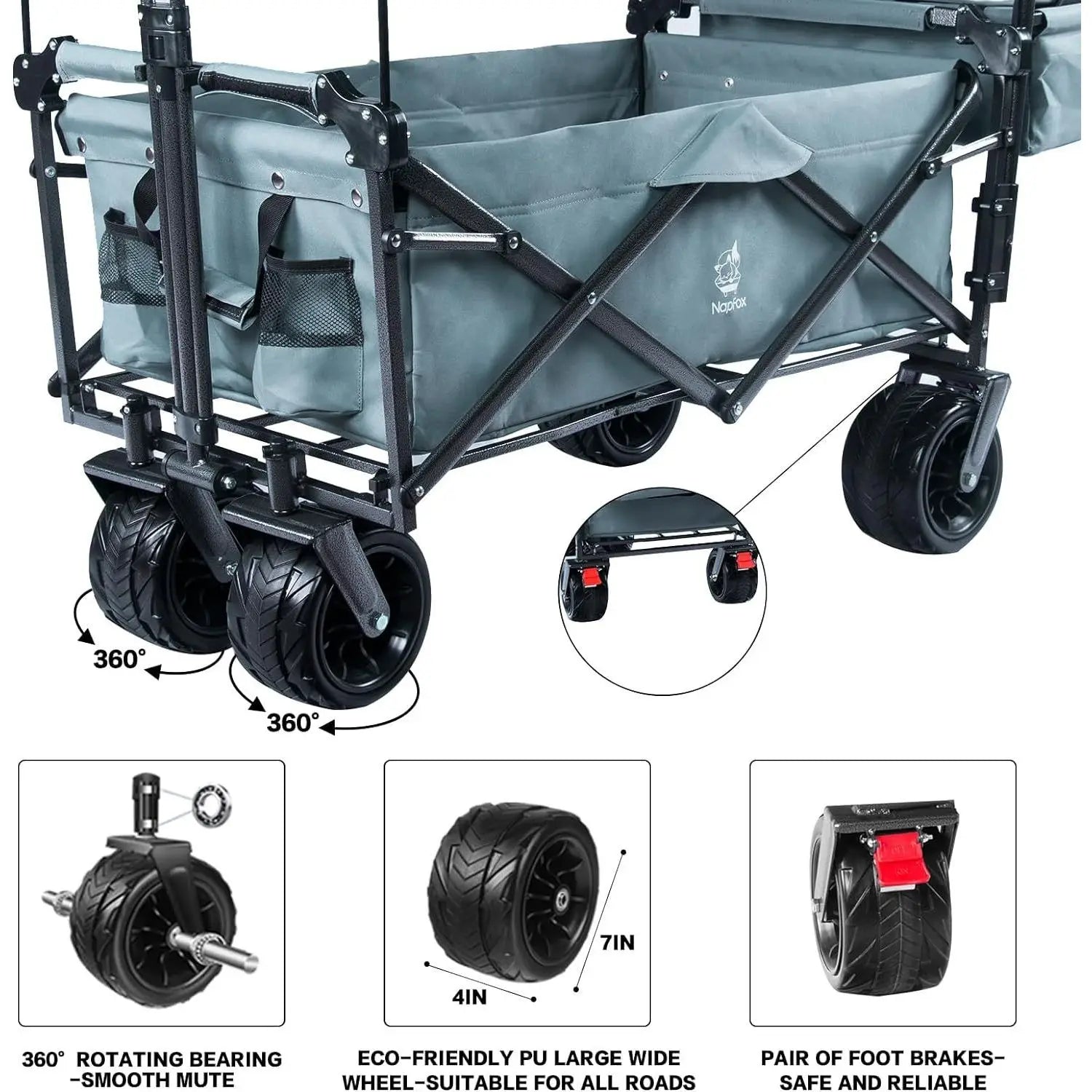 Heavy Duty Collapsible Wagon Cart Removable Canopy 4\" Wide Large All Terrain Wheels Adjustable Brake Handles for Camping