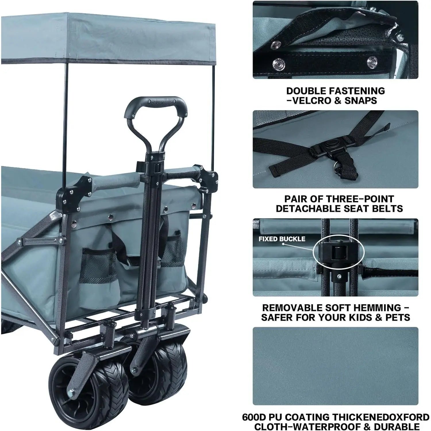 Heavy Duty Collapsible Wagon Cart Removable Canopy 4\" Wide Large All Terrain Wheels Adjustable Brake Handles for Camping