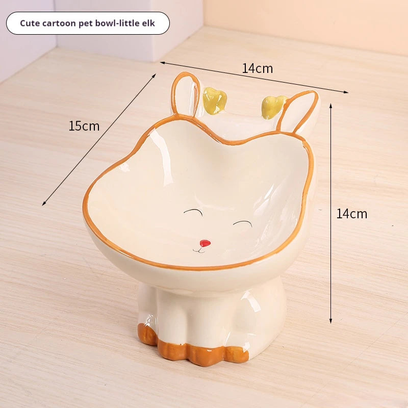 Cartoon cute pet bowl, ceramic high neck protection, anti black chin, multifunctional water and food container, cat and dog bowl