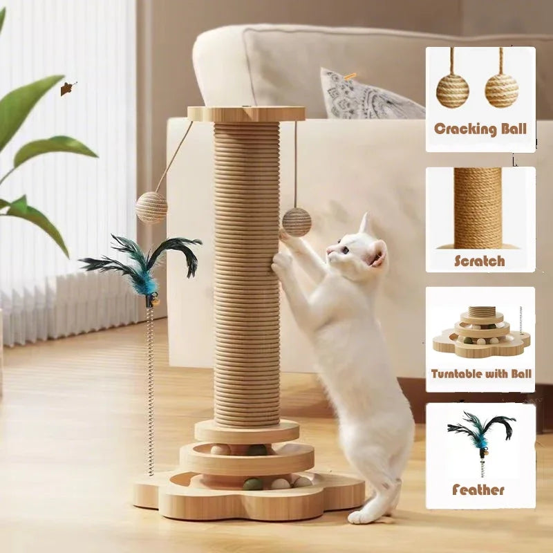 4-in-1 Wooden Cat Scratching Post with Track Ball, Feather & Sisal Balls, Interactive Scratcher Toy for Kittens Adult Cats