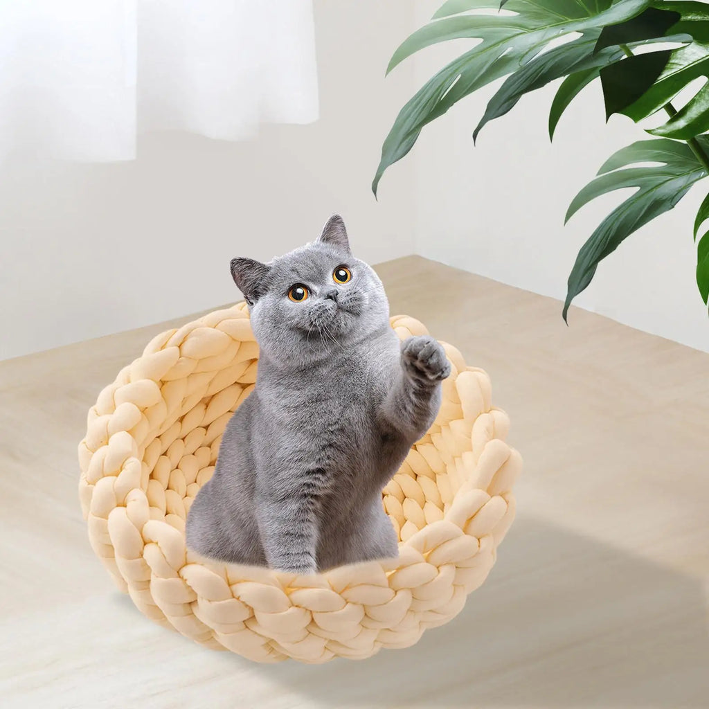Handwoven Cat Nest Bed Non Slip Durable Round Shape Portable All Seasons Kitten Calming Bed Soft for Pet Supplies Small Dog