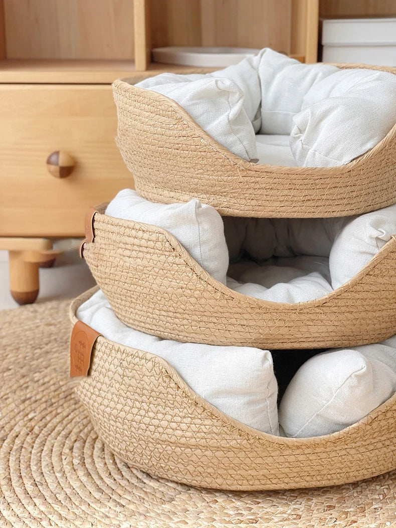 HOOPET Four Seasons Pet Bed Kennel for Cat Puppy Dog Beds Sofa Handmade Bamboo Weaving Cat Cozy Nest Pet Accessories