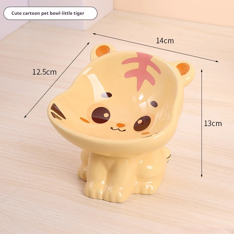 Cartoon cute pet bowl, ceramic high neck protection, anti black chin, multifunctional water and food container, cat and dog bowl