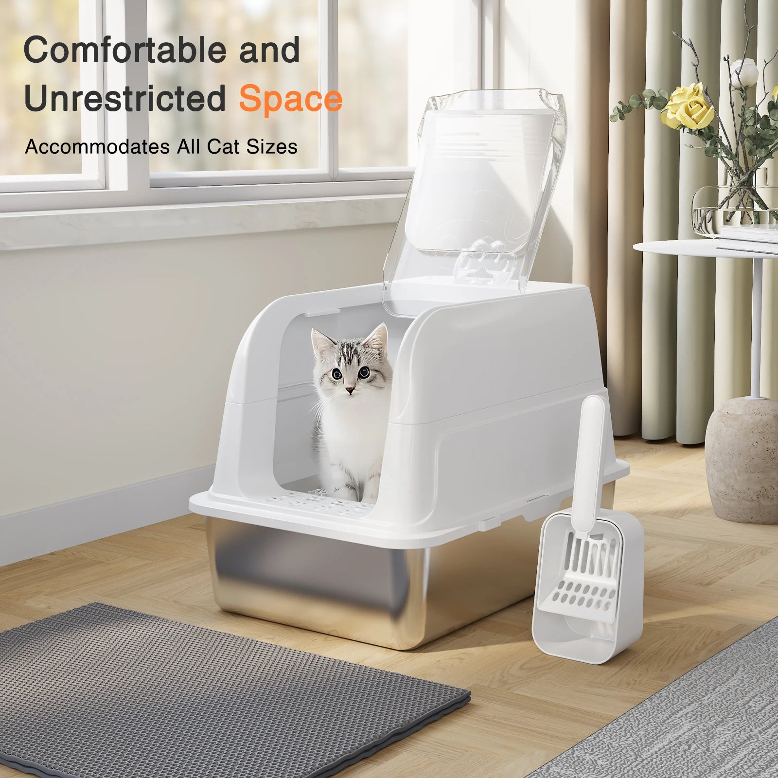 Enclosed Stainless Steel Cat Litter Box Cat Litter Box with Lid Mat & Scoop High-Sided Metal Kitty Leak-Proof Tray For Big Cats