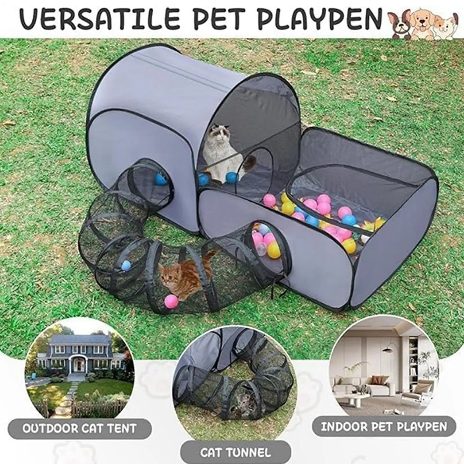 Cat Play Pen Dog Playpen Cat House Tent Foldable Enclosure Interactive Toys Tunnel Exercise Pet Supplies for Camping Outdoor
