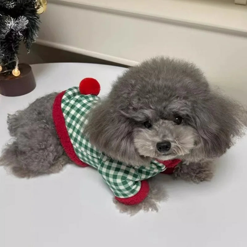 Fashion Plaid Dog Hoodies Christmas Pet Princess Dress Winter Warm Puppy Pullovers Snowman Pattern Cat Skirt Bichon Dog Clothes