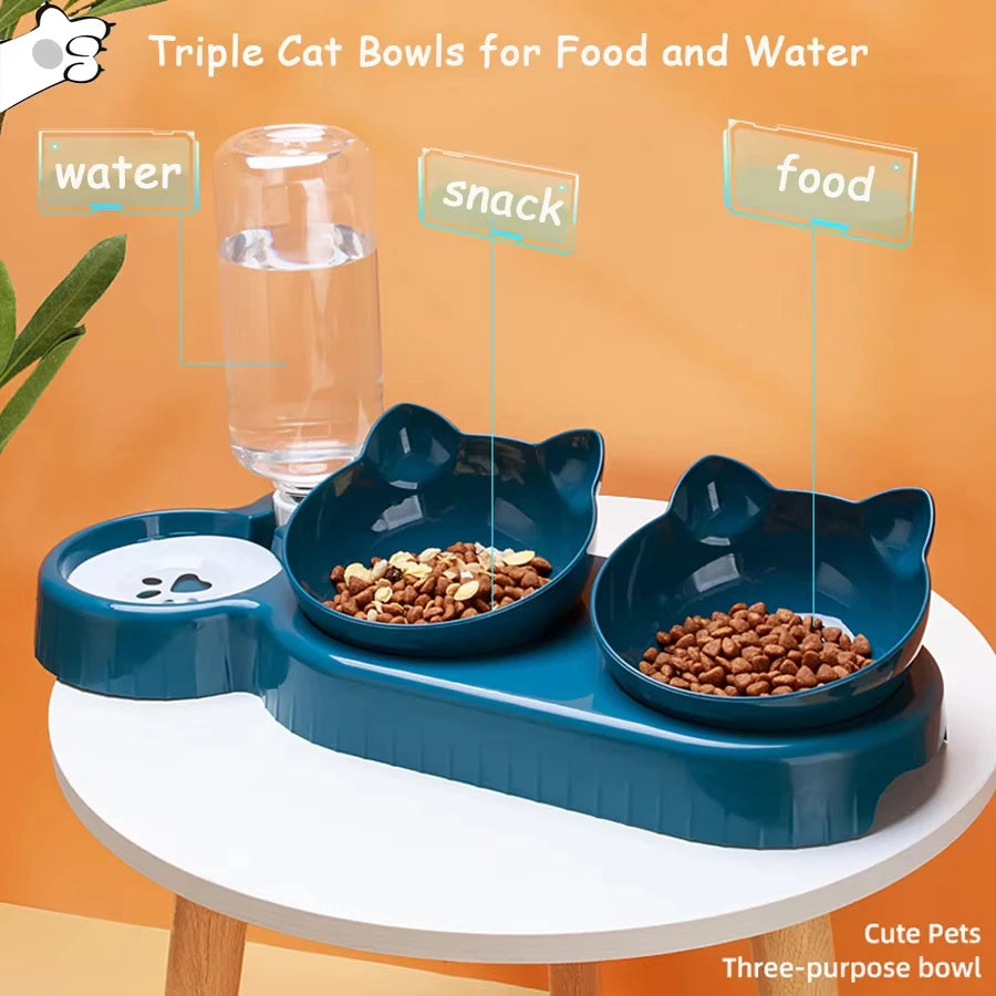 Pet SuppliesElevated Bowls for Cats and DogsDurable Double Cat Pet Bowls With Water Feeder 3 In 1 Ear Design Tilted