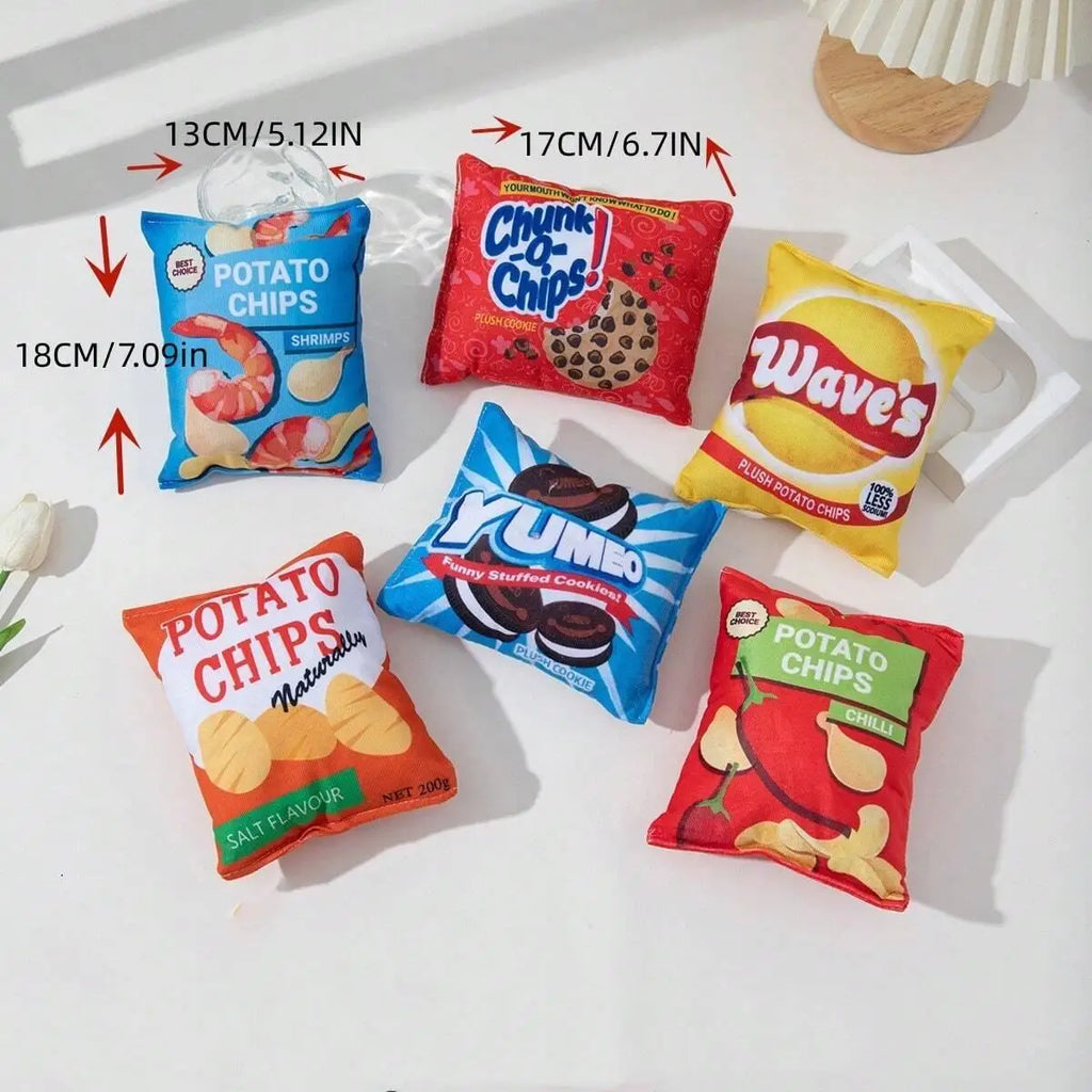 1pc Random Funny Chip Biscuit Bag Plush Dog Toy Pup's Favorite 'Snack' Fake Potato Chips Bag Toy for Dogs Pet Supplies