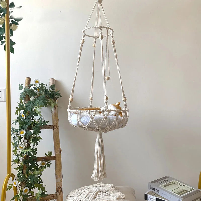 Handwoven Tapestry Pet Cat Hammock Bed Bohemian Wall Hanging Basket Window Perch Cat Swing Washable kitten Net Sleeping House