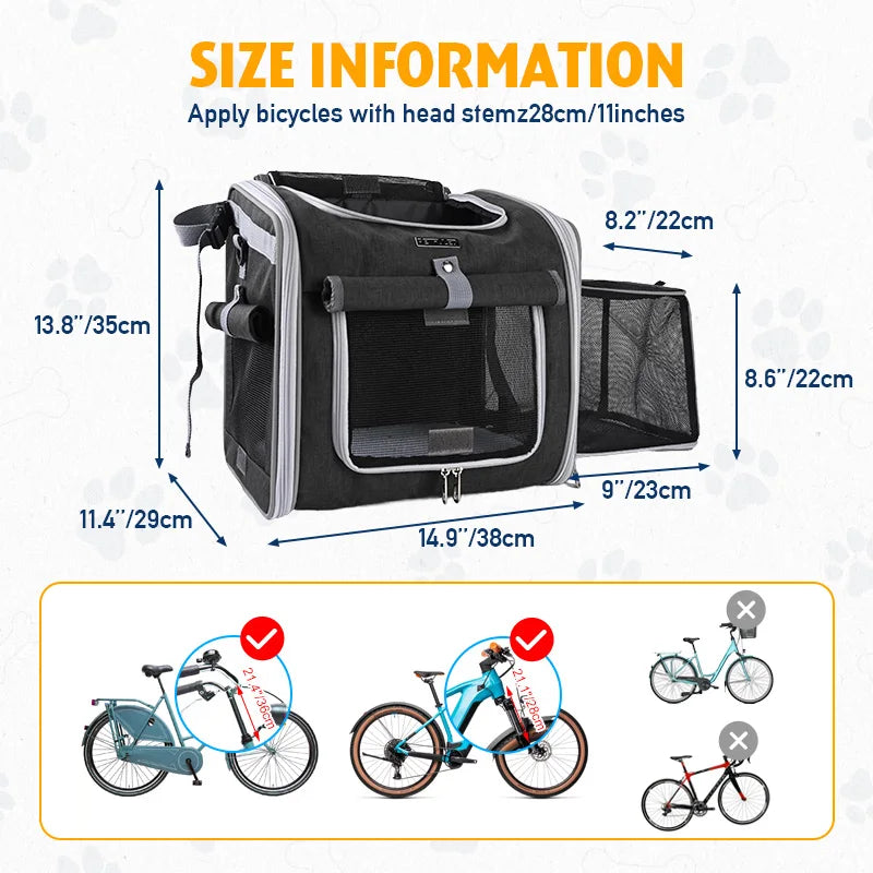 Dog or Cat Bike Basket, Expandable Soft Sided Pet Carrier Backpack with 4 Open Doors, Foldable Dog Bike Carrier