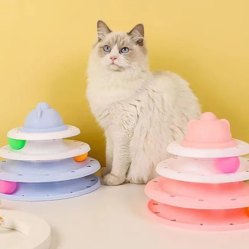 4 Level Interactive Cat Toy Ball Tower with Turntable Roller Track Intelligence Training Puzzle Game for Indoor Kitties Toys