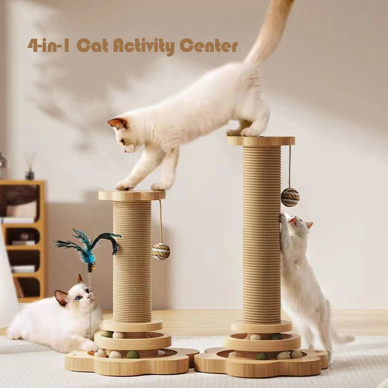 4-in-1 Wooden Cat Scratching Post with Track Ball, Feather & Sisal Balls, Interactive Scratcher Toy for Kittens Adult Cats