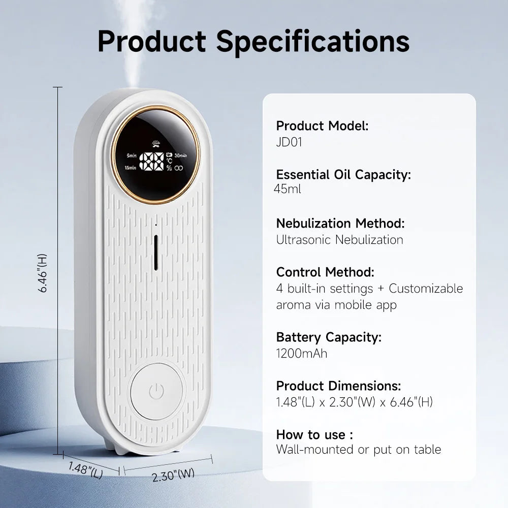 Essential Oil Diffuser with APP Control, Aroma Diffuser (Auto Spray, Desktop Wall Mountable) for Home Office, with Refill Liquid