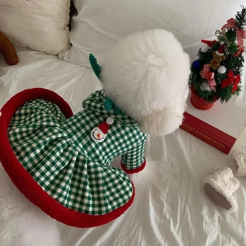 Fashion Plaid Dog Hoodies Christmas Pet Princess Dress Winter Warm Puppy Pullovers Snowman Pattern Cat Skirt Bichon Dog Clothes