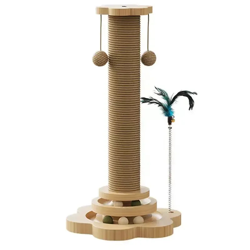 4-in-1 Wooden Cat Scratching Post with Track Ball, Feather & Sisal Balls, Interactive Scratcher Toy for Kittens Adult Cats