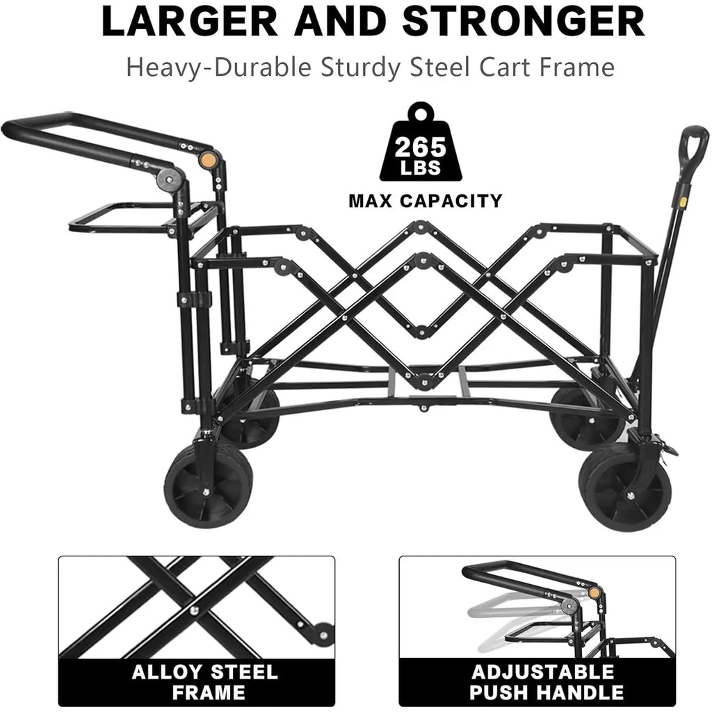 Heavy Duty Collapsible Wagon Cart Removable Canopy 4\" Wide Large All Terrain Wheels Adjustable Brake Handles for Camping