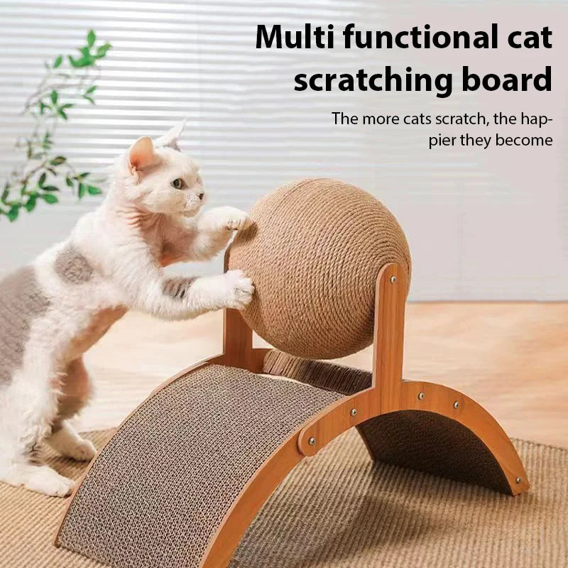 2In1 Arched Cat Scratching Pad Wooden Scratching Post with Cat Ball Wear-Resistant Chew Toy for Pets Scratch Board