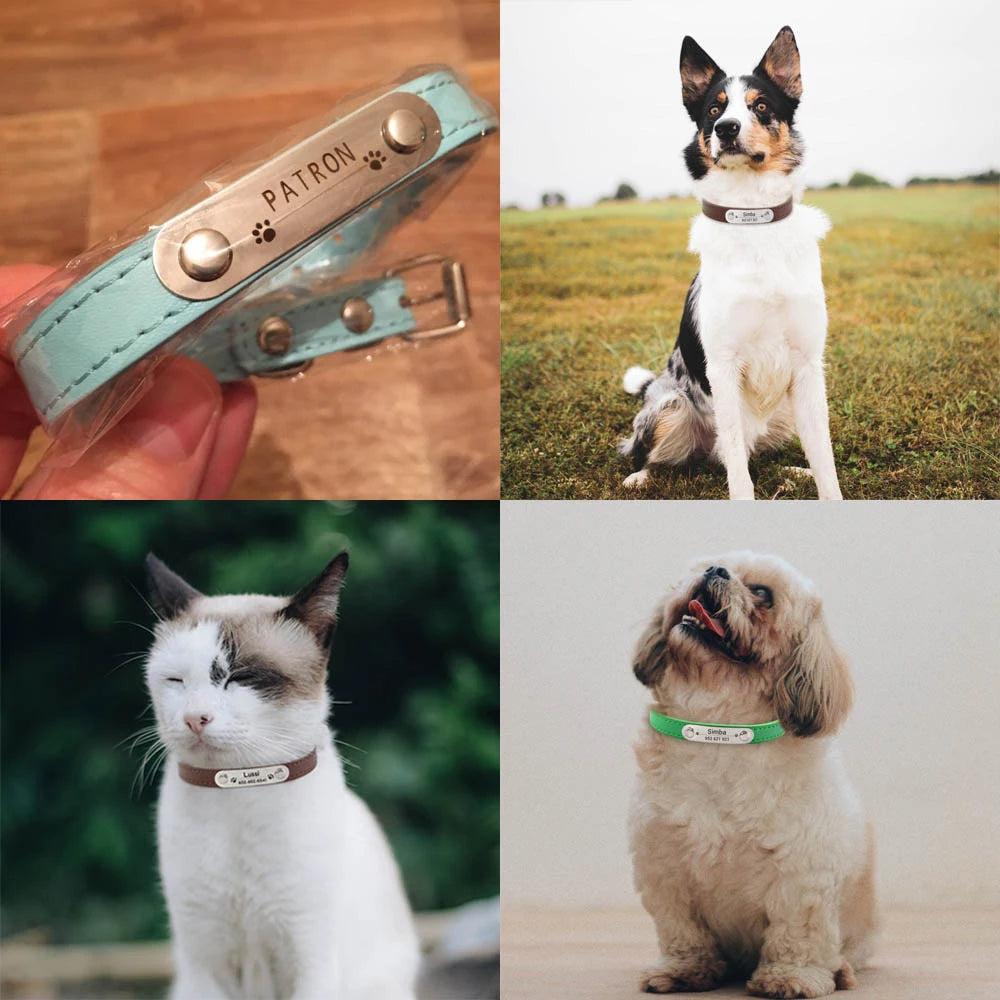 Customized PU Leather Dog Collar Soft Padded Dogs Collars Free Engraving Name for Small Medium Large Dogs Cat Adjustable XS-XL