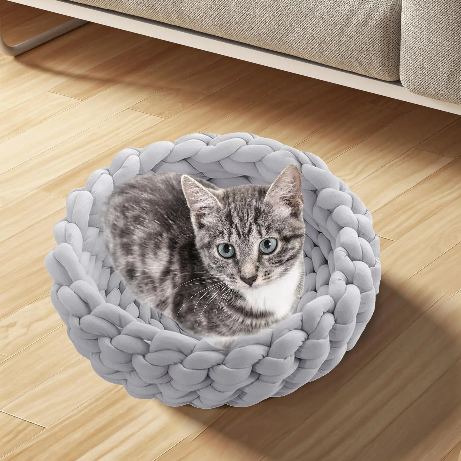 Handwoven Cat Nest Bed Non Slip Durable Round Shape Portable All Seasons Kitten Calming Bed Soft for Pet Supplies Small Dog