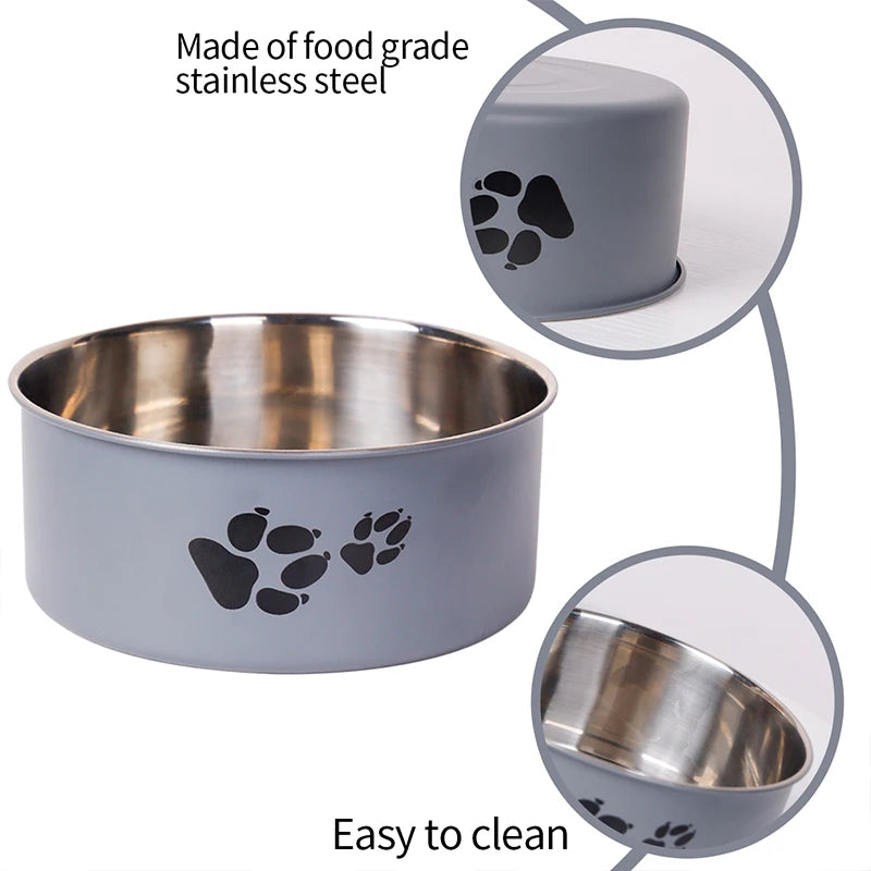 A cartoon-patterned pet bowl, easy to clean, made of stainless steel, suitable for both outdoor and indoor pet owners.