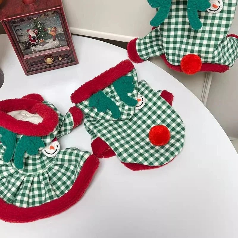 Fashion Plaid Dog Hoodies Christmas Pet Princess Dress Winter Warm Puppy Pullovers Snowman Pattern Cat Skirt Bichon Dog Clothes