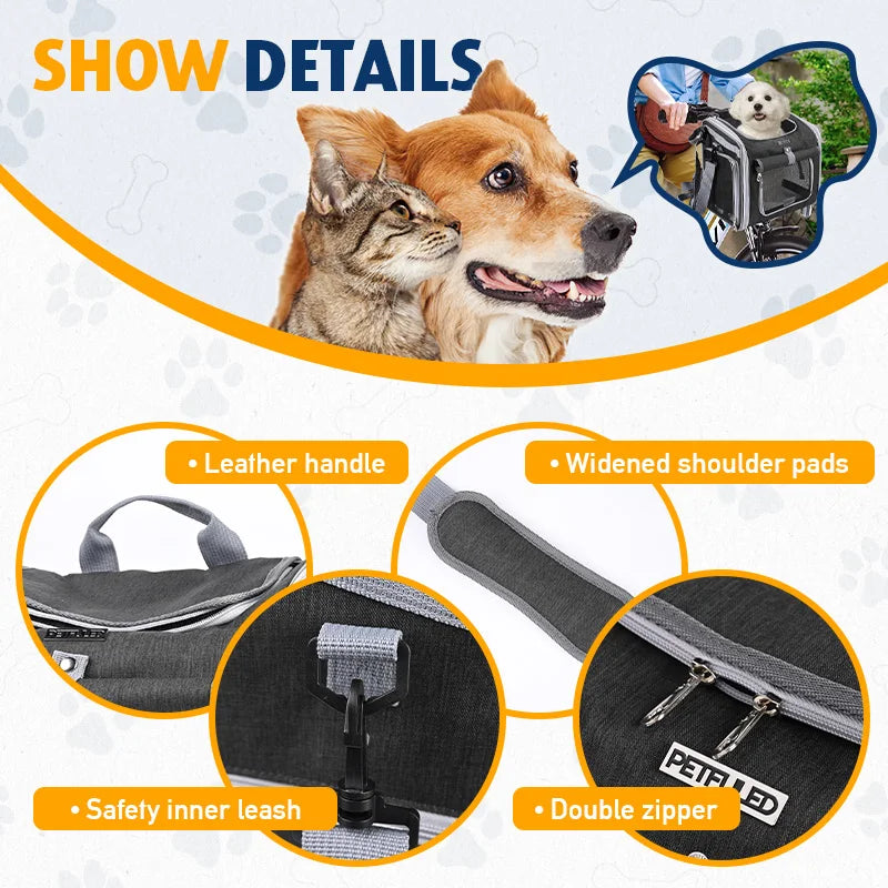 Dog or Cat Bike Basket, Expandable Soft Sided Pet Carrier Backpack with 4 Open Doors, Foldable Dog Bike Carrier