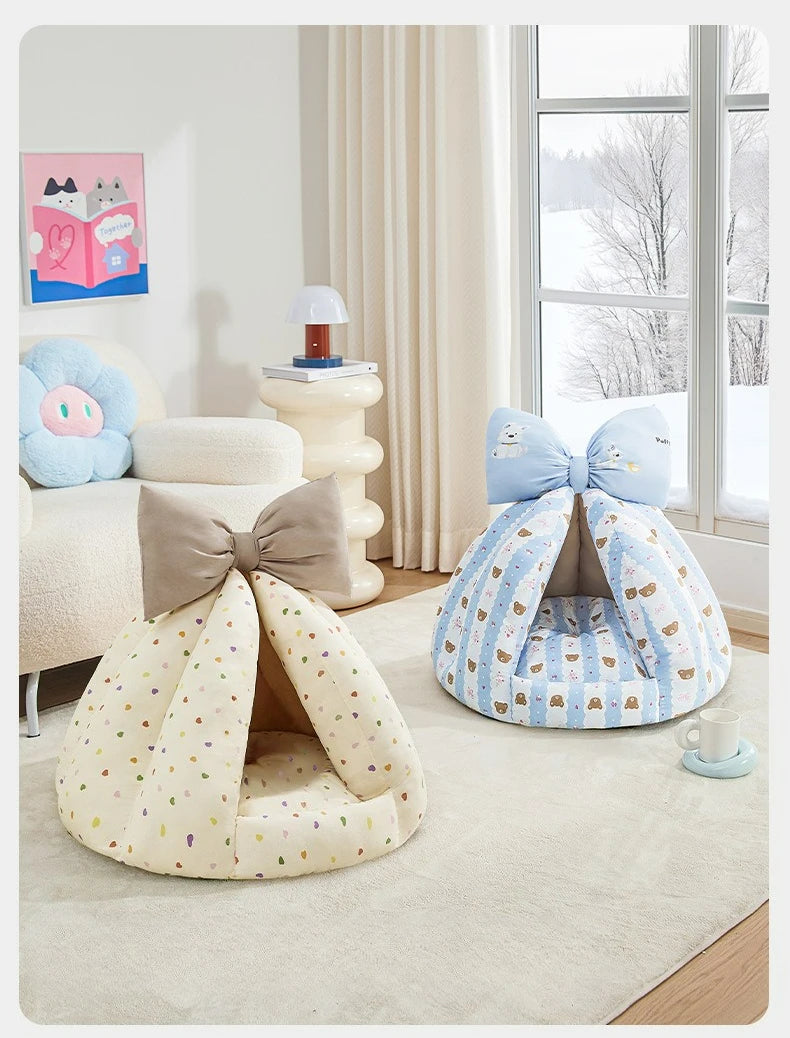 Cute Cat Bed Enclosed All-Season Pet Bed for Cats Small Dogs Nest Soft Skin-Friendly Fabric Comfortable Puppy House