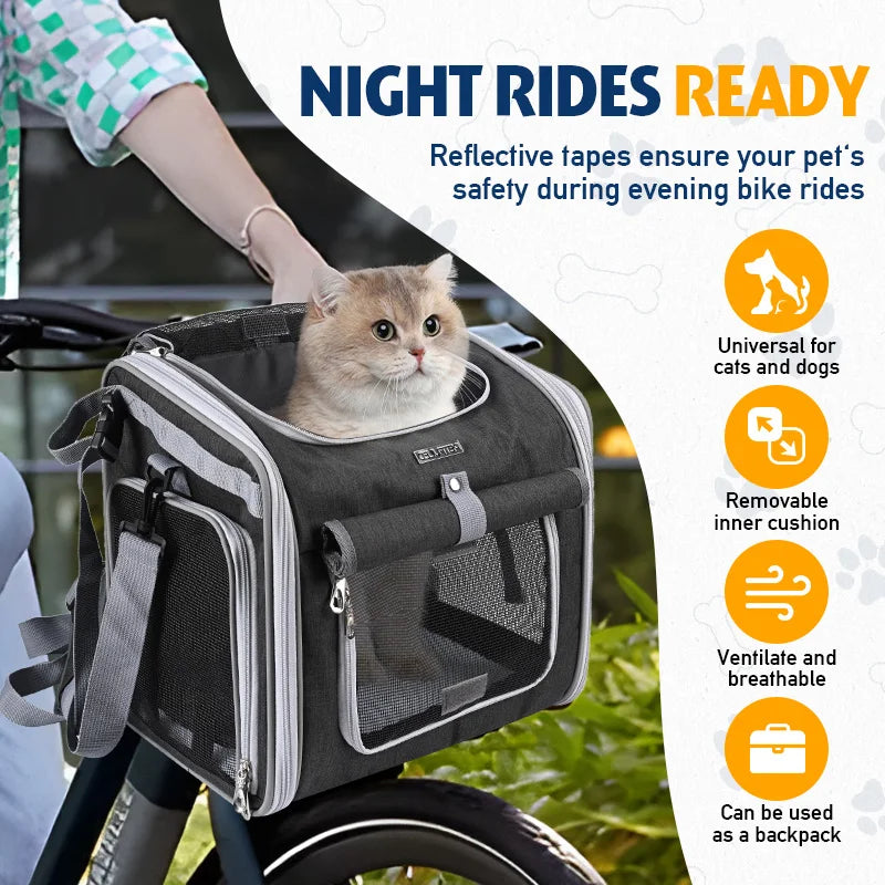 Dog or Cat Bike Basket, Expandable Soft Sided Pet Carrier Backpack with 4 Open Doors, Foldable Dog Bike Carrier