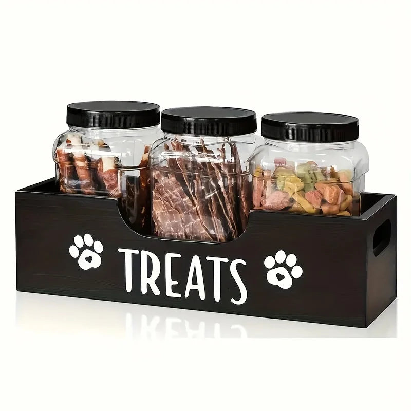 A wooden pet snack box with 3 sealed plastic cans Wooden Standing Pet Food Storage Container Box for Dog and Cat Treats