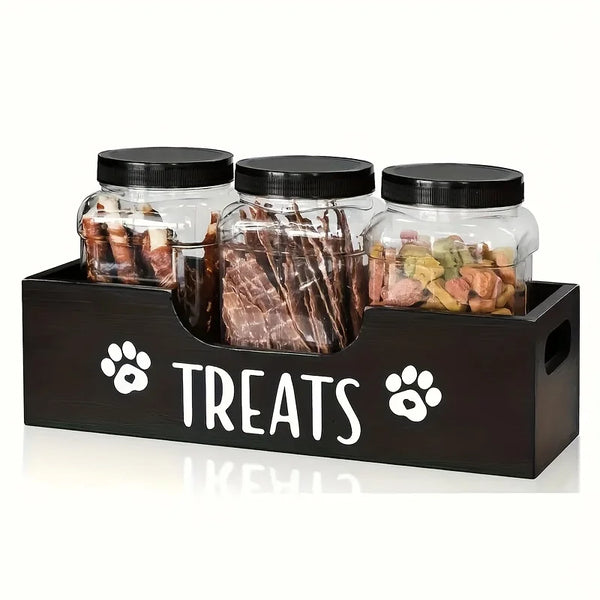 A wooden pet snack box with 3 sealed plastic cans Wooden Standing Pet Food Storage Container Box for Dog and Cat Treats
