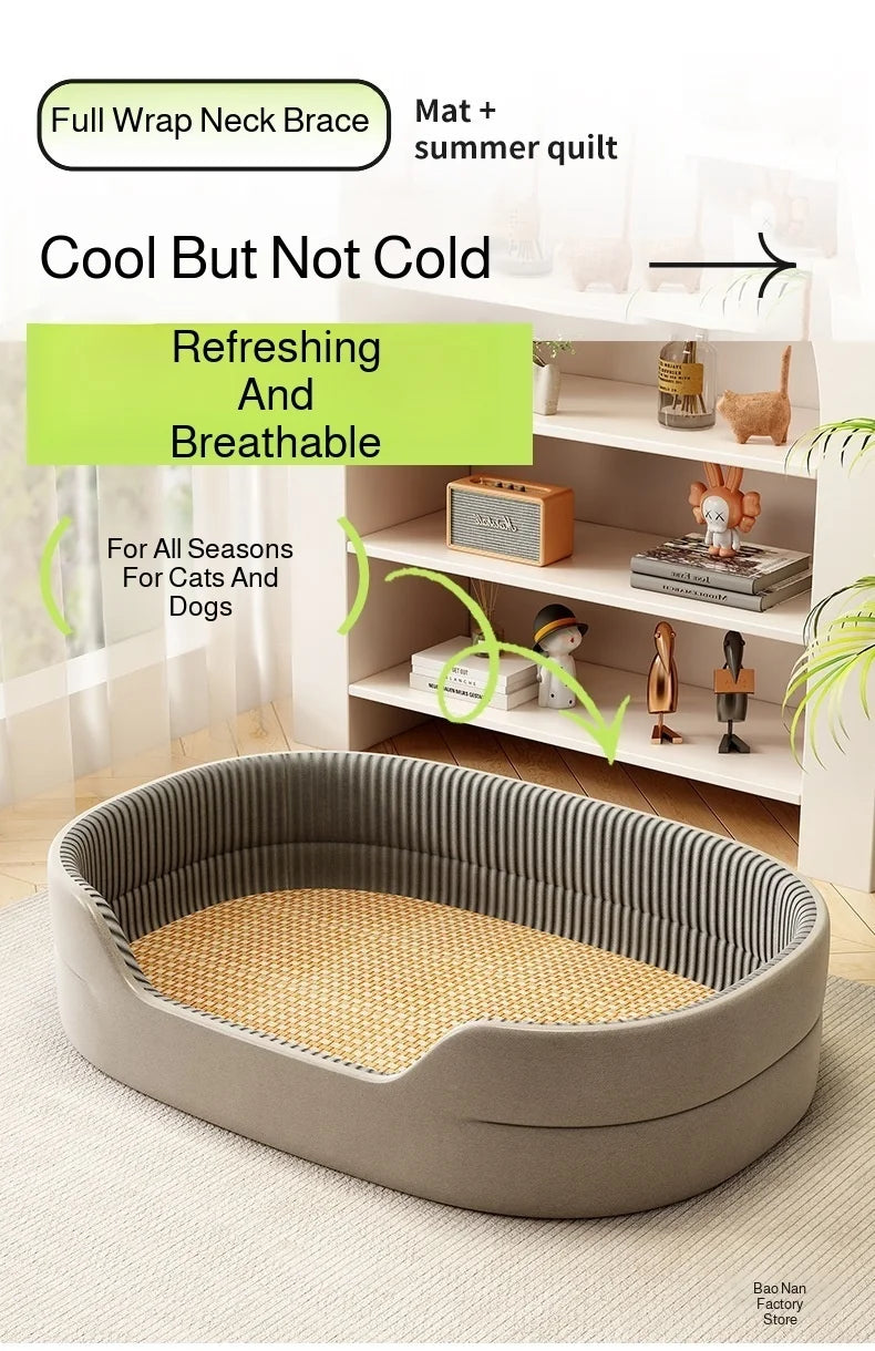 Dog Cat Kennel Universal for All Seasons Summer Pet Kennel with Rattan Mat Raised Edges Large Dog Bed Sofa-feel Mat Sleeping Pad