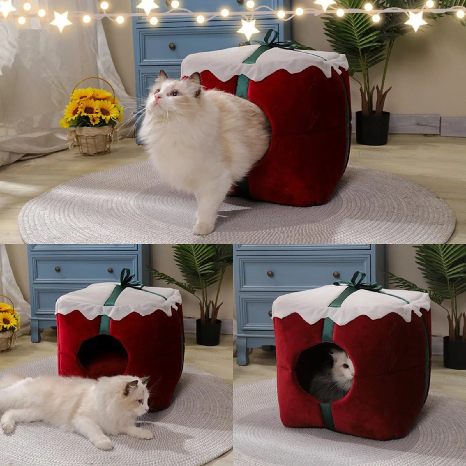 Cats Bed Warm Accessories Christmas Pet Supplies for Winter Dog Mat Products House Houses Habitats Things Goods Accessory Basket