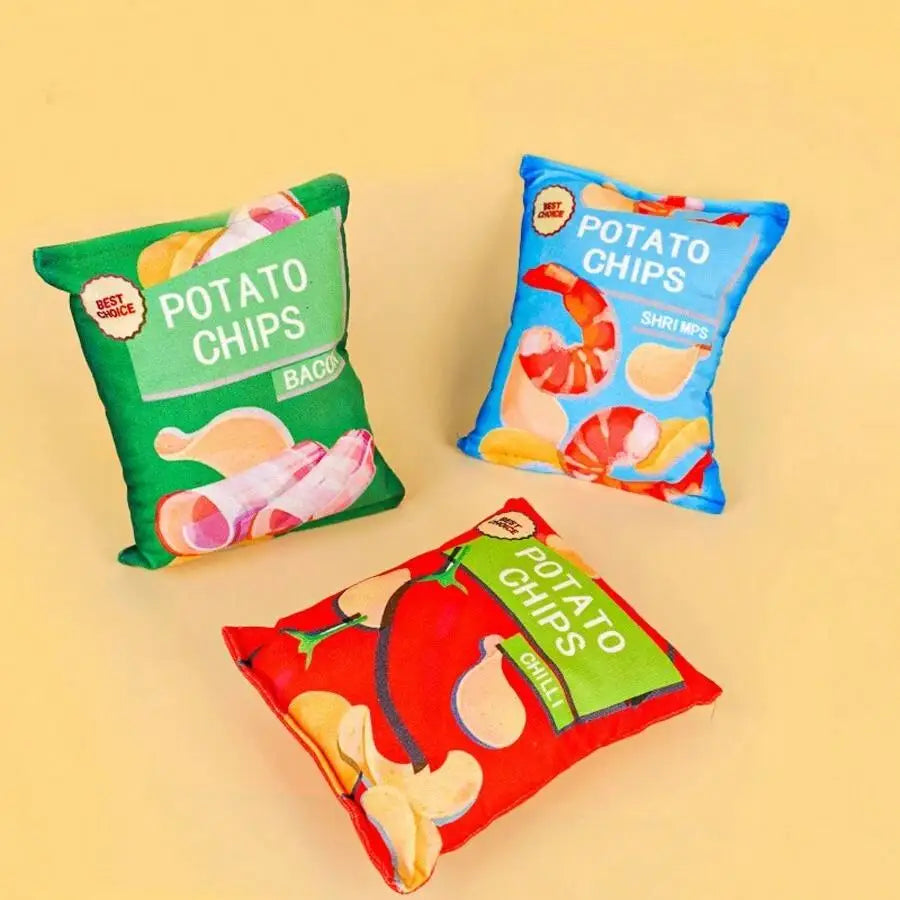 1pc Random Funny Chip Biscuit Bag Plush Dog Toy Pup's Favorite 'Snack' Fake Potato Chips Bag Toy for Dogs Pet Supplies