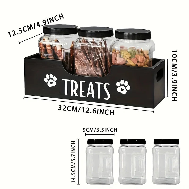 A wooden pet snack box with 3 sealed plastic cans Wooden Standing Pet Food Storage Container Box for Dog and Cat Treats