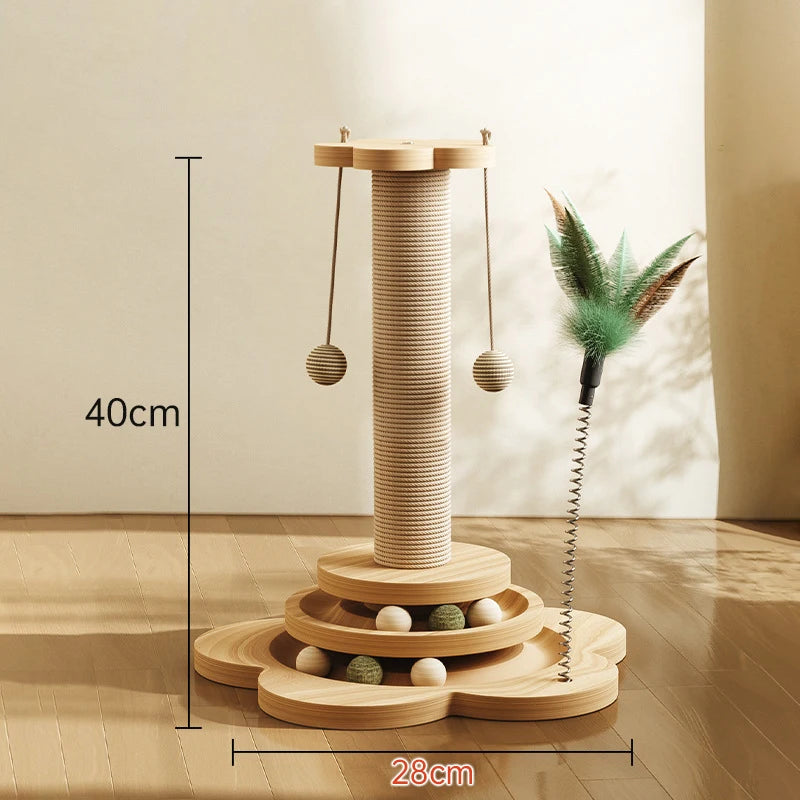 4-in-1 Wooden Cat Scratching Post with Track Ball, Feather & Sisal Balls, Interactive Scratcher Toy for Kittens Adult Cats
