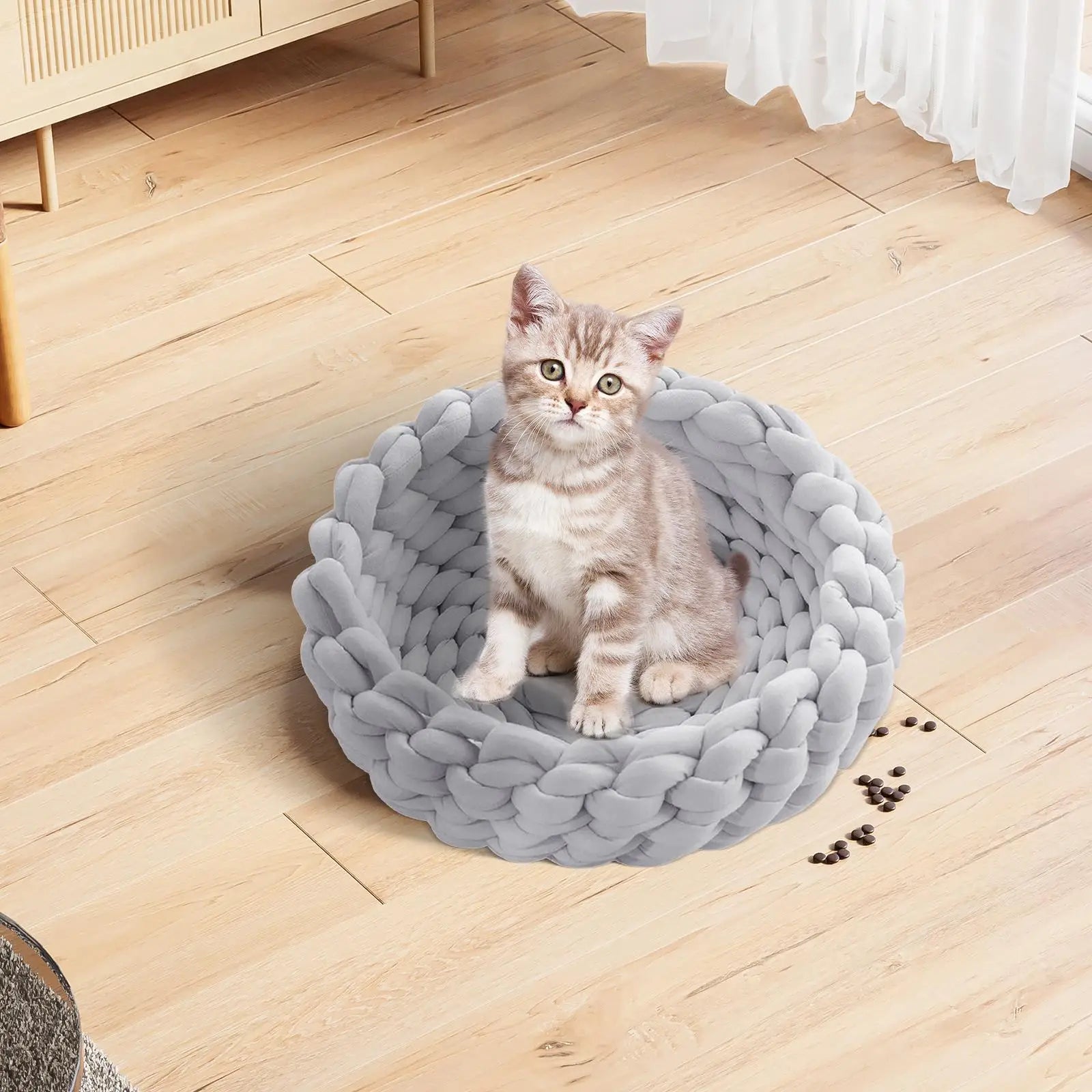 Handwoven Cat Nest Bed Non Slip Durable Round Shape Portable All Seasons Kitten Calming Bed Soft for Pet Supplies Small Dog