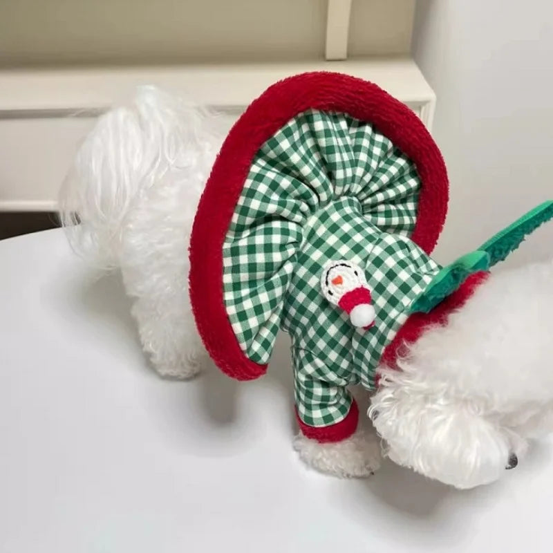 Fashion Plaid Dog Hoodies Christmas Pet Princess Dress Winter Warm Puppy Pullovers Snowman Pattern Cat Skirt Bichon Dog Clothes