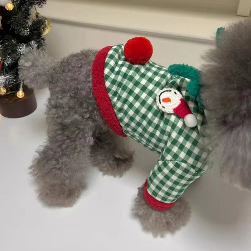 Fashion Plaid Dog Hoodies Christmas Pet Princess Dress Winter Warm Puppy Pullovers Snowman Pattern Cat Skirt Bichon Dog Clothes