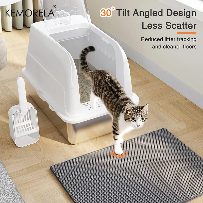 Enclosed Stainless Steel Cat Litter Box Cat Litter Box with Lid Mat & Scoop High-Sided Metal Kitty Leak-Proof Tray For Big Cats
