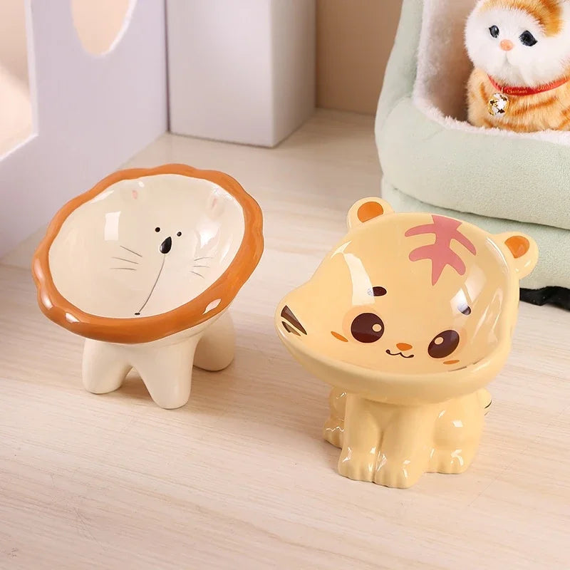 Cartoon cute pet bowl, ceramic high neck protection, anti black chin, multifunctional water and food container, cat and dog bowl