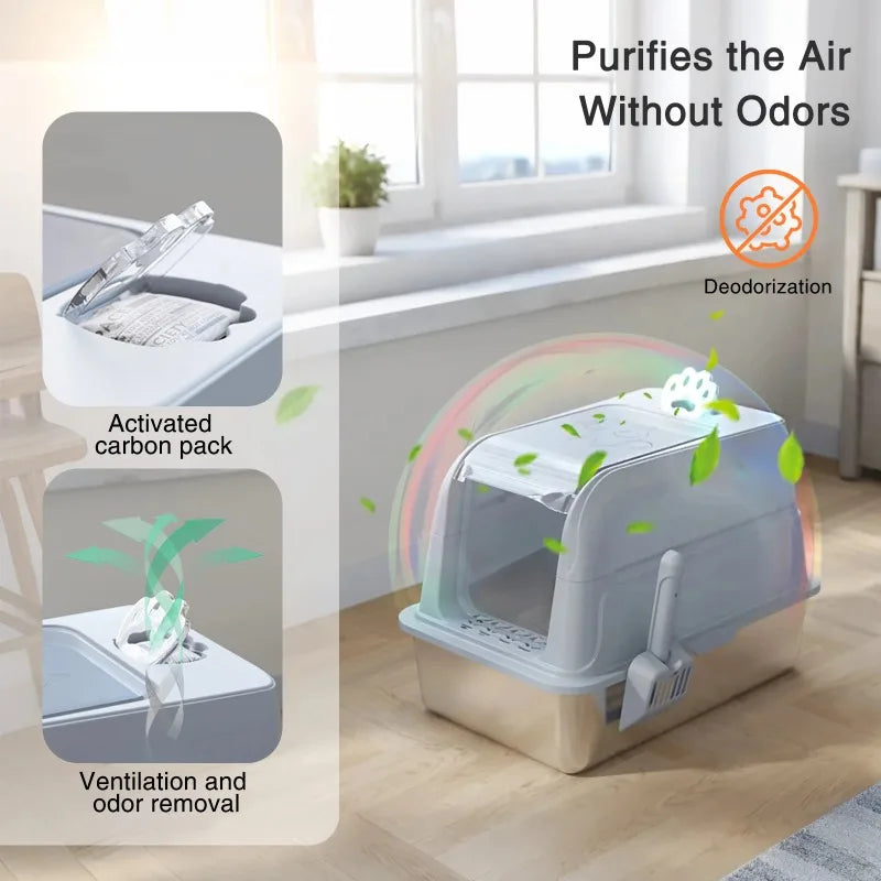 Enclosed Stainless Steel Cat Litter Box Cat Litter Box with Lid Mat & Scoop High-Sided Metal Kitty Leak-Proof Tray For Big Cats