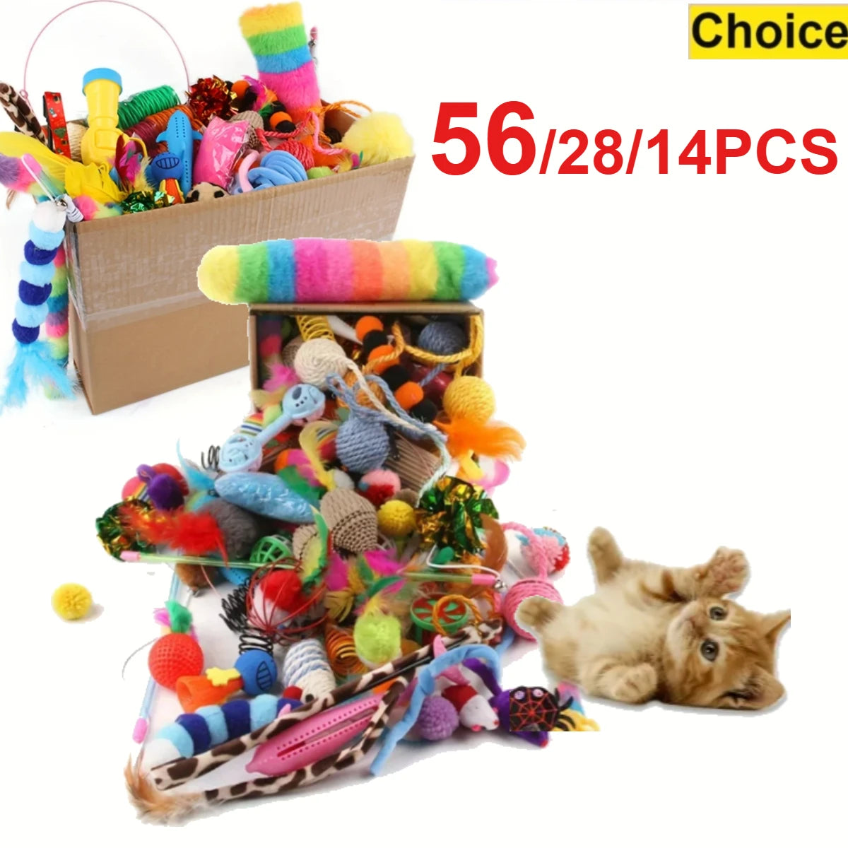 56/28/14PCS Pet Kitten Toys Variety Cat Toy Combination Set Cat Toy Funny Cat Stick Sisal Mouse Bell Ball Cat Supplies