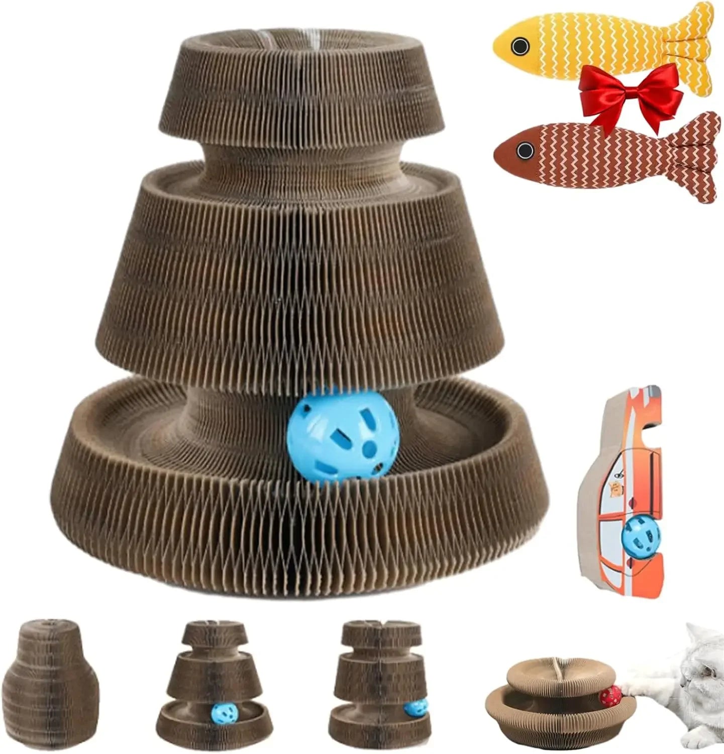 Cat Scratch Board Cat Toy with Bell Cat Cat Climbing Frame Foldable Recyclable Accordion Cardboard Kitten Toy with Ball