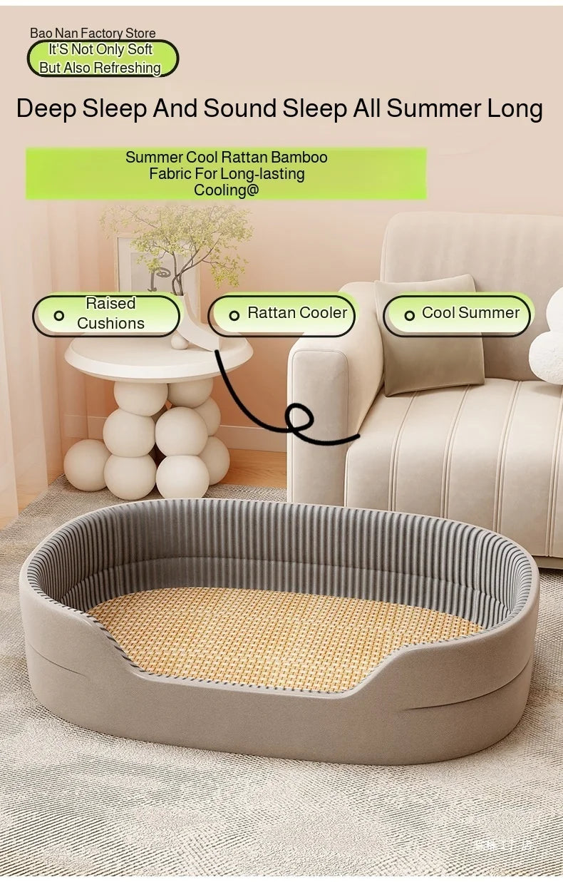 Dog Cat Kennel Universal for All Seasons Summer Pet Kennel with Rattan Mat Raised Edges Large Dog Bed Sofa-feel Mat Sleeping Pad