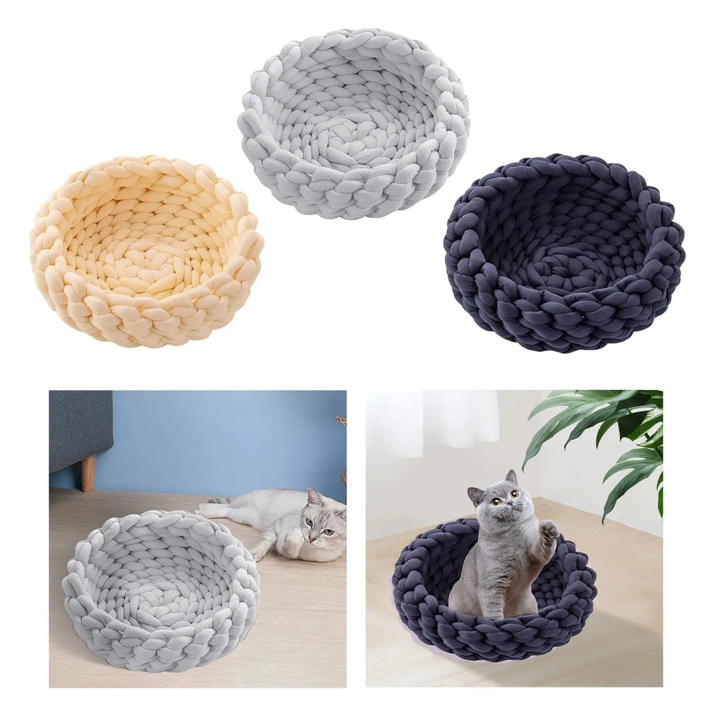 Handwoven Cat Nest Bed Non Slip Durable Round Shape Portable All Seasons Kitten Calming Bed Soft for Pet Supplies Small Dog