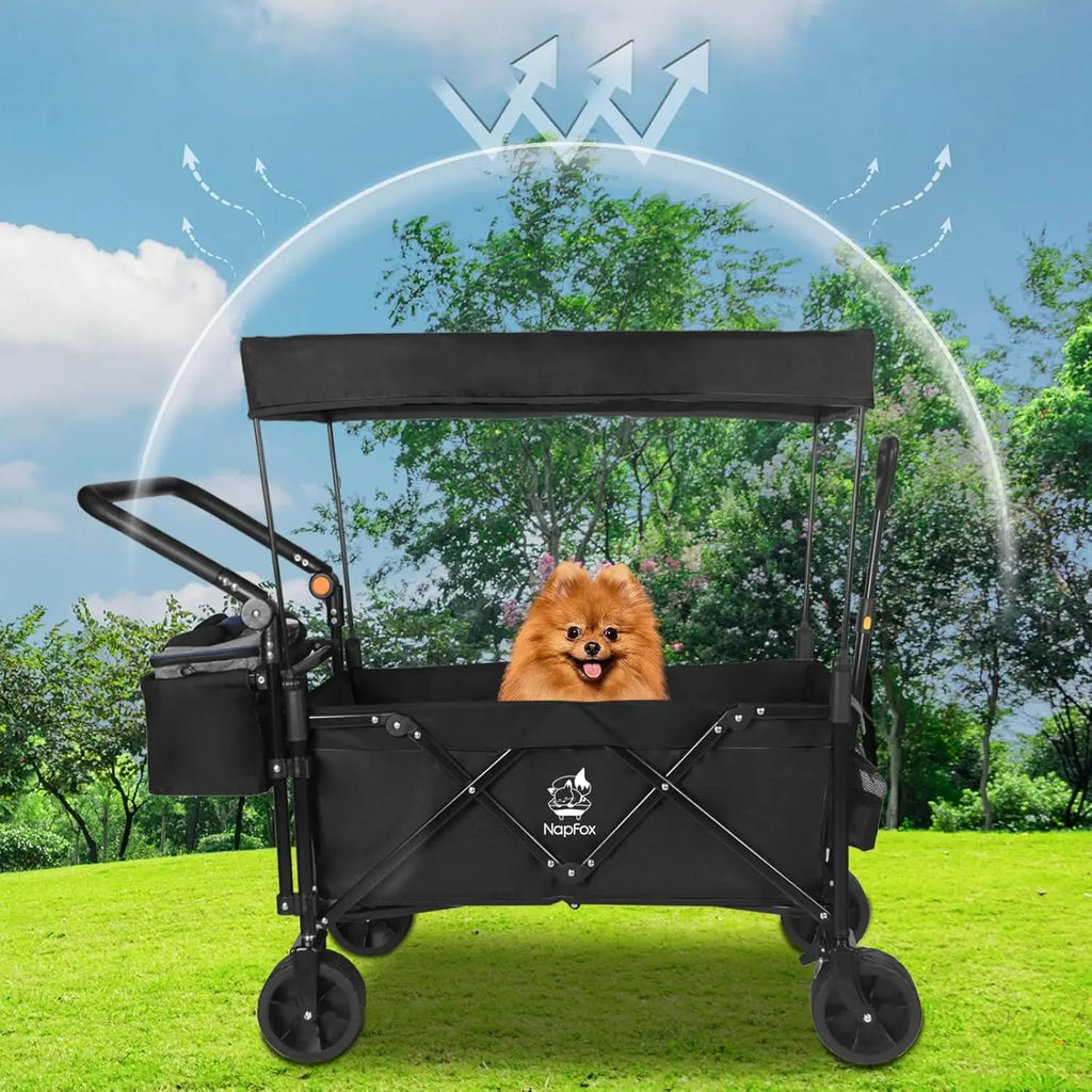 Heavy Duty Collapsible Wagon Cart Removable Canopy 4\" Wide Large All Terrain Wheels Adjustable Brake Handles for Camping