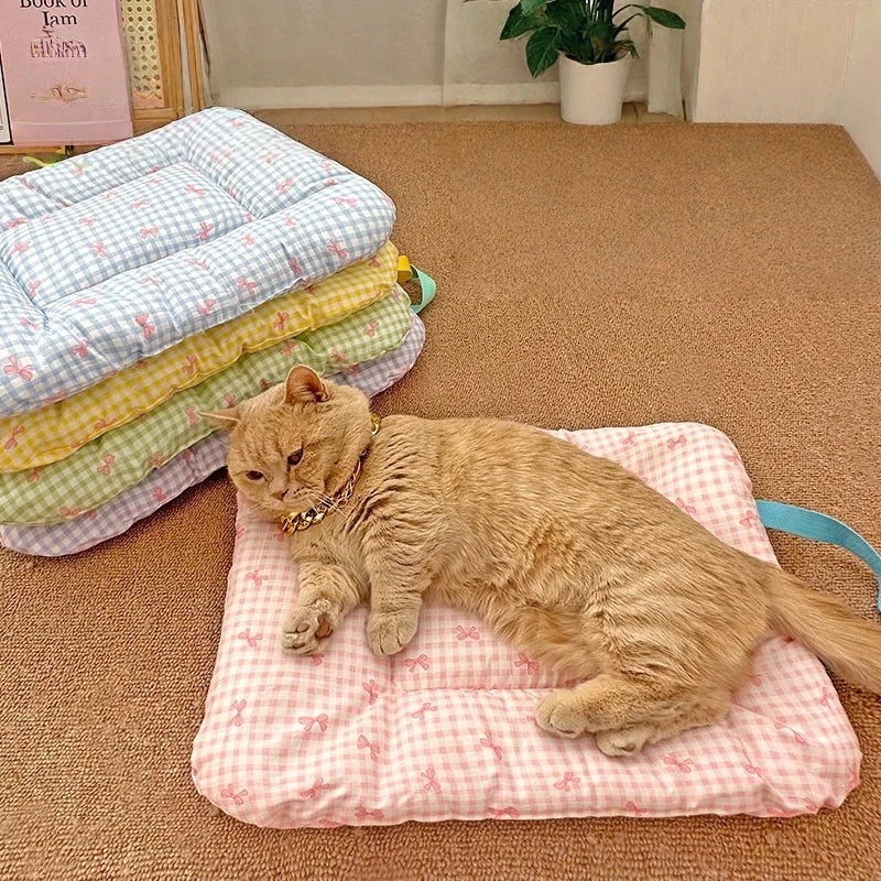 Chic 2025 Pet Sleep Pad Dog & Cat Mats  Colorful with Bow Print Soft Cushion, Cute Kitty Nest Non-Slip Washable Cat Mat