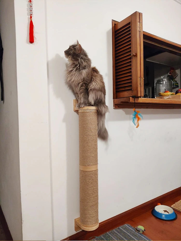 Cat Scratching Post Wall Furniture Wood Wall Mounted Kitten Scratcher Tree Tower Toys Thicker Column for Indoor Cats Accessories